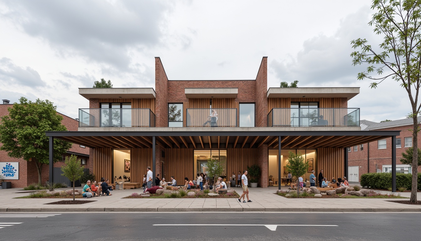 Prompt: Rustic community center, Bauhaus-inspired facade, rectangular forms, clean lines, industrial materials, exposed brick walls, steel beams, large windows, minimalist ornamentation, functional simplicity, earthy color palette, natural textures, communal outdoor spaces, vibrant street art, urban landscape, cloudy day, soft diffused lighting, shallow depth of field, 2/3 composition, realistic rendering.