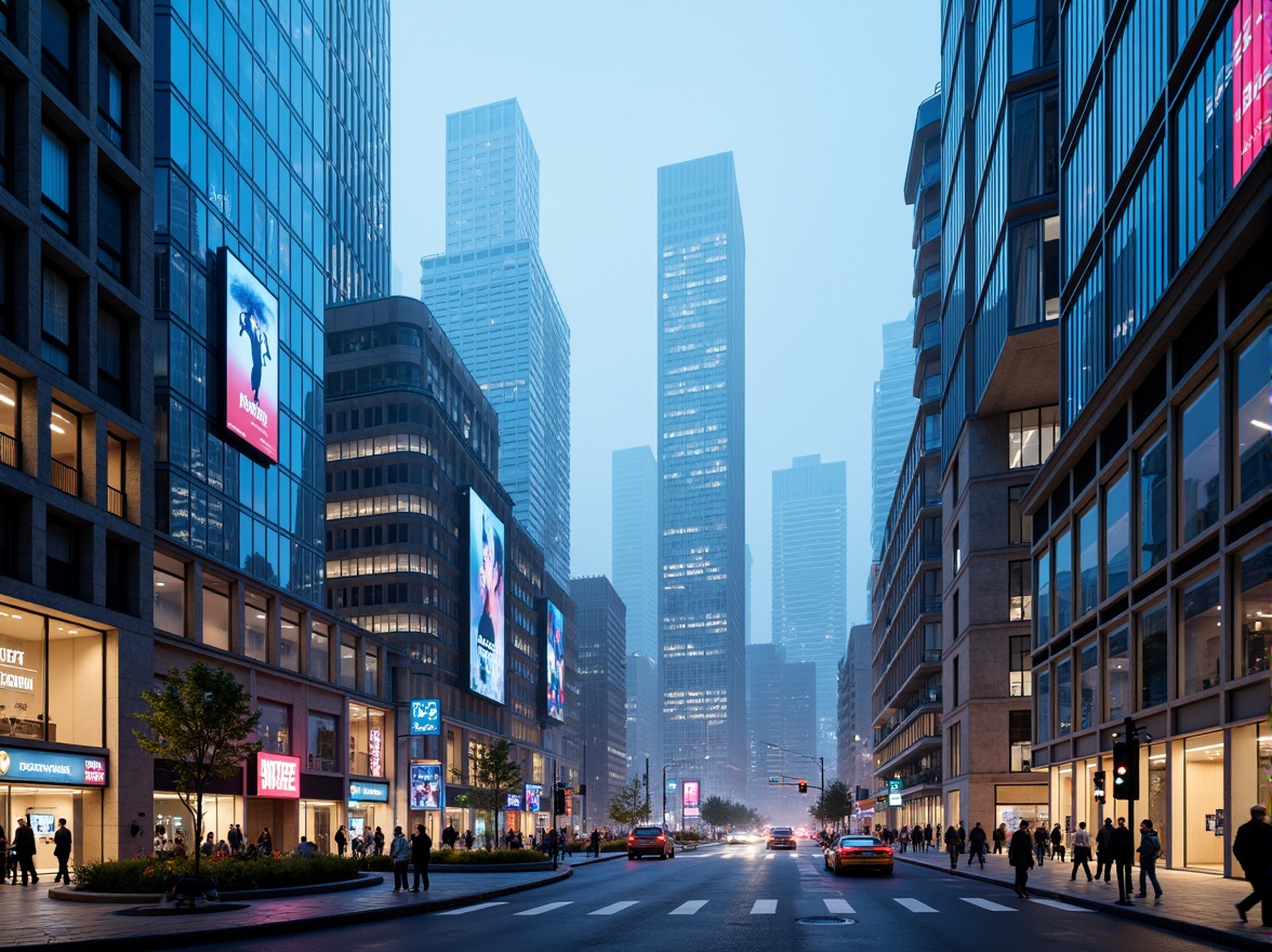 Prompt: Futuristic cityscape, sleek skyscrapers, iridescent glass facades, metallic frames, neon lights, holographic advertisements, bustling streets, flying cars, robotic pedestrians, cyberpunk atmosphere, misty evening, soft blue lighting, shallow depth of field, 1/1 composition, panoramic view, realistic reflections, ambient occlusion.