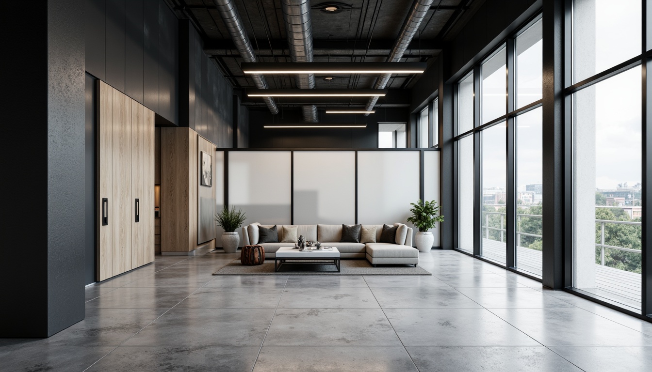 Prompt: Monochromatic interior space, sleek lines, minimal ornamentation, industrial chic aesthetic, polished concrete floors, matte black metal accents, frosted glass partitions, smooth wood surfaces, subtle texture variations, neutral color palette, soft diffused lighting, shallow depth of field, 1/1 composition, realistic reflections, ambient occlusion.