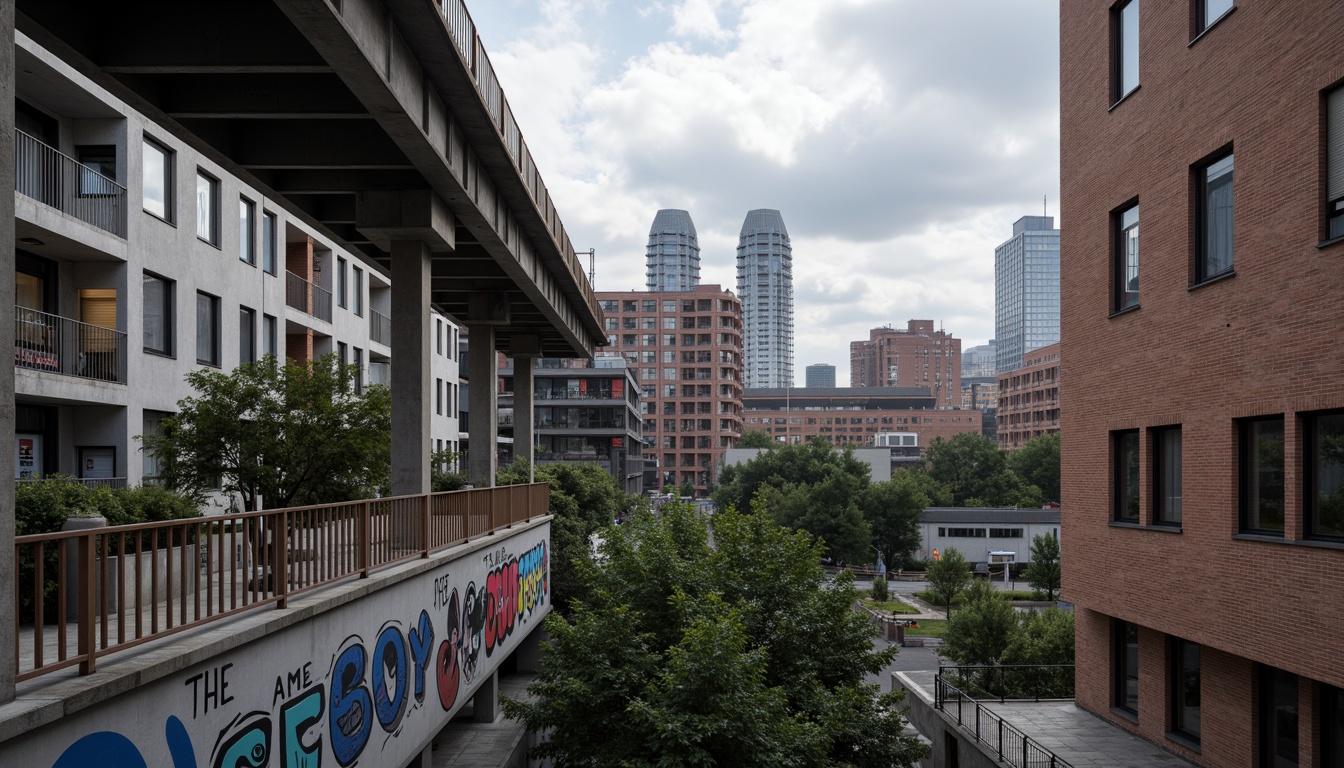 Prompt: Industrial urban landscape, brutalist architecture, exposed concrete walls, steel beams, minimalist decor, monochromatic color scheme, bold accent colors, vibrant street art, graffiti murals, urban textures, distressed finishes, reclaimed wood accents, industrial lighting fixtures, metal railings, cityscape views, cloudy skies, dramatic shadows, high contrast ratio, 1/2 composition, cinematic mood, gritty realism.