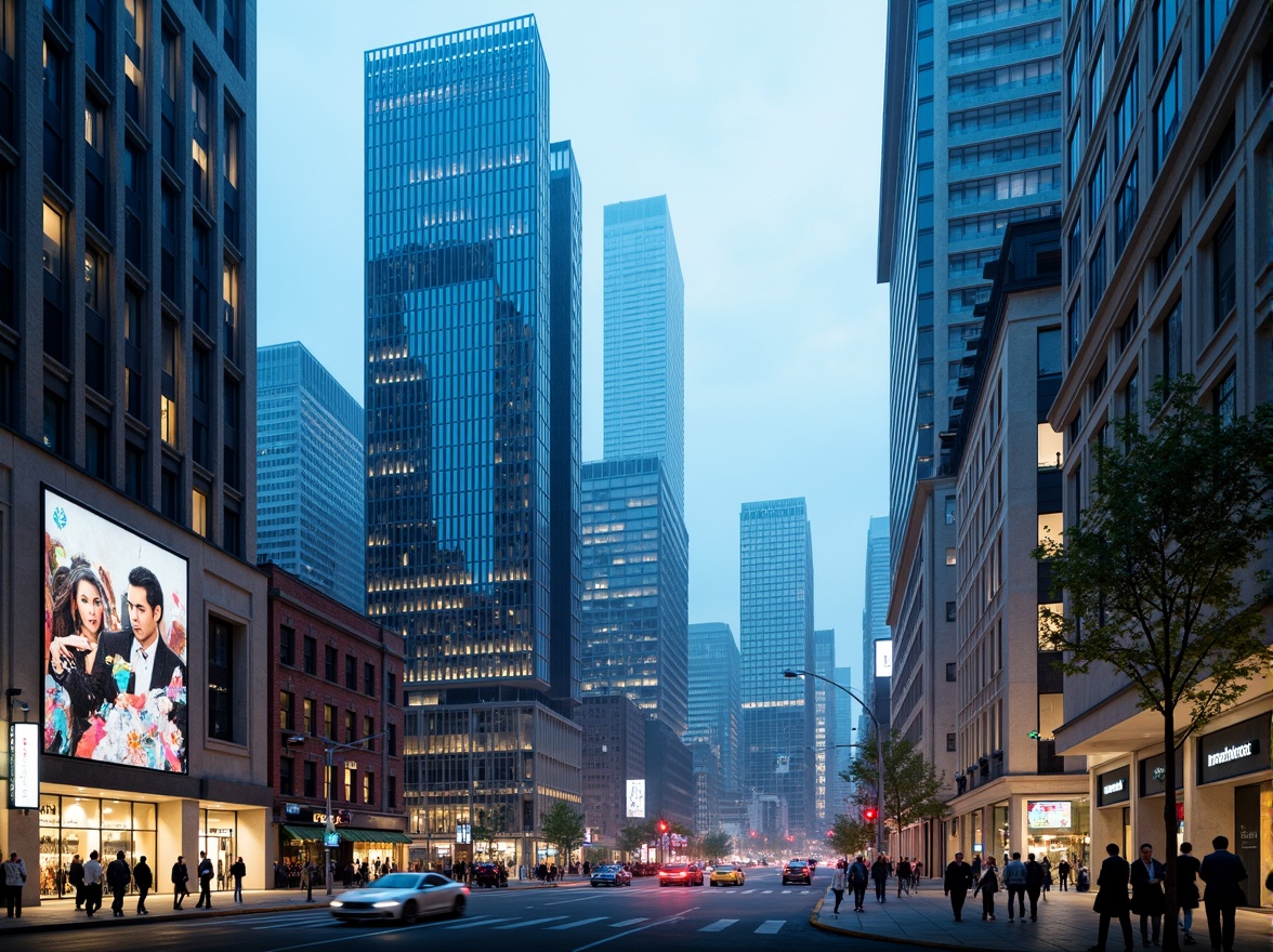 Prompt: Futuristic cityscape, sleek skyscrapers, iridescent glass facades, metallic frames, neon lights, holographic advertisements, bustling streets, flying cars, robotic pedestrians, cyberpunk atmosphere, misty evening, soft blue lighting, shallow depth of field, 1/1 composition, panoramic view, realistic reflections, ambient occlusion.