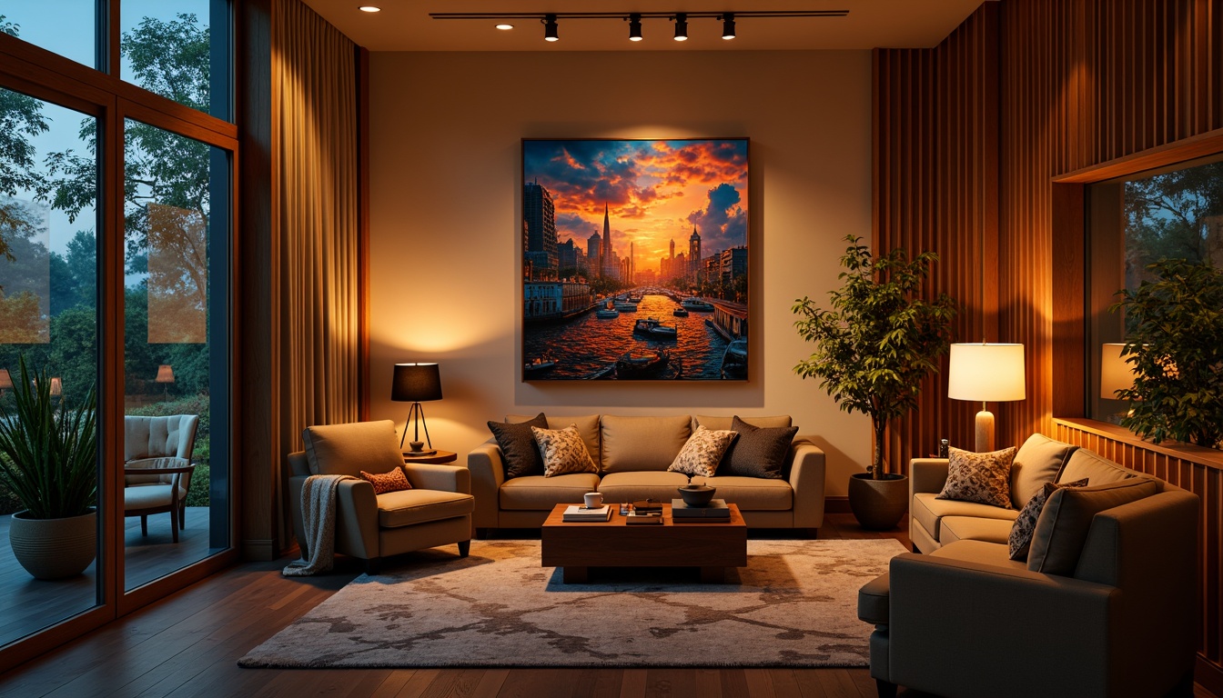 Prompt: Cozy living room, warm ambient lighting, soft glowing lamps, comfortable seating areas, rich wood accents, plush carpets, vibrant colorful artwork, floor-to-ceiling windows, natural daylight, subtle shadows, 1/1 composition, realistic textures, warm color palette, inviting atmosphere, relaxing ambiance, layered lighting effects, table lamps, floor lamps, string lights, LED light installations, modern minimalist decor.