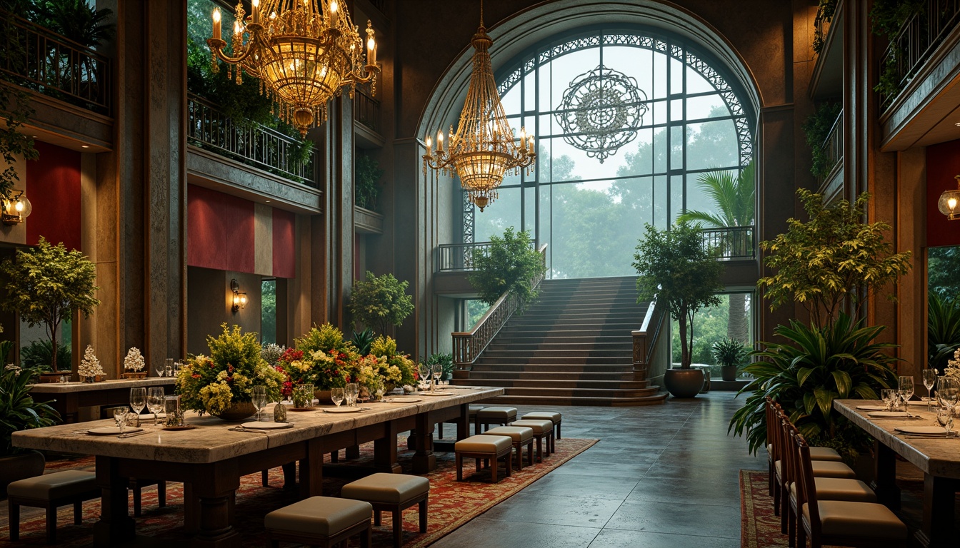 Prompt: Intricate ironwork, lush greenery, ornate chandeliers, grandiose archways, lavish furnishings, velvet drapes, gilded accents, marble countertops, crystal glassware, exotic flowers, tropical plants, misty atmosphere, soft warm lighting, shallow depth of field, 1/1 composition, realistic textures, ambient occlusion, luxurious ambiance, opulent decor, Baroque-inspired patterns, intricate carvings, ornate mirrors, grand staircase.