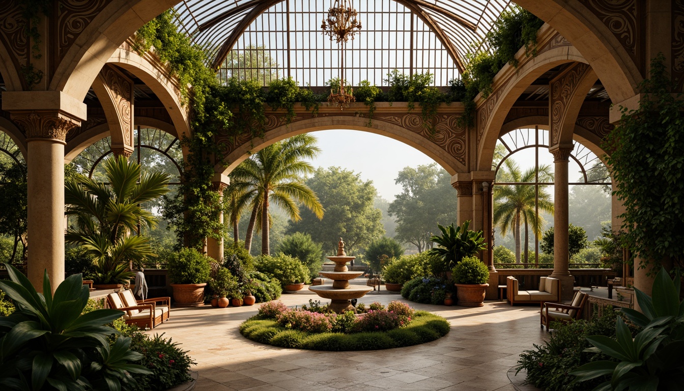 Prompt: Ornate greenhouse, lush tropical plants, delicate vines, intricate stone carvings, grandiose archways, ornamental fountains, soft natural lighting, warm golden tones, rustic wooden beams, elegant chandeliers, lavish furnishings, velvet drapes, rich textiles, Baroque-inspired patterns, curved lines, dramatic shadows, high contrast ratio, 1/2 composition, shallow depth of field, realistic reflections.