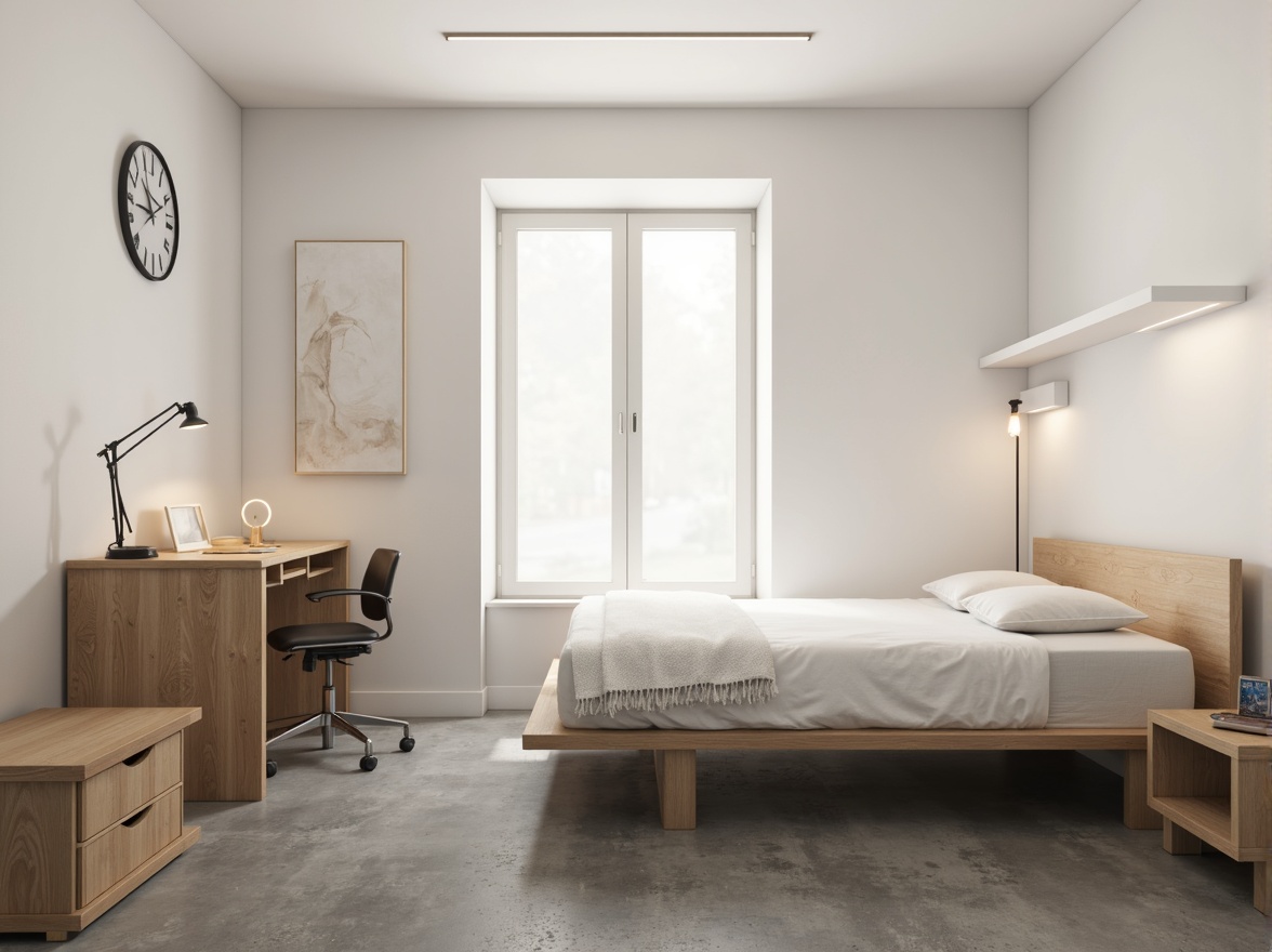 Prompt: Simple dorm room, minimal decor, monochromatic color scheme, sleek wooden furniture, low-profile bed frame, compact desk, ergonomic chair, geometric-shaped nightstand, industrial-style lighting fixtures, concrete floor, plain white walls, subtle textures, soft warm glow, shallow depth of field, 1/1 composition, realistic rendering, ambient occlusion.