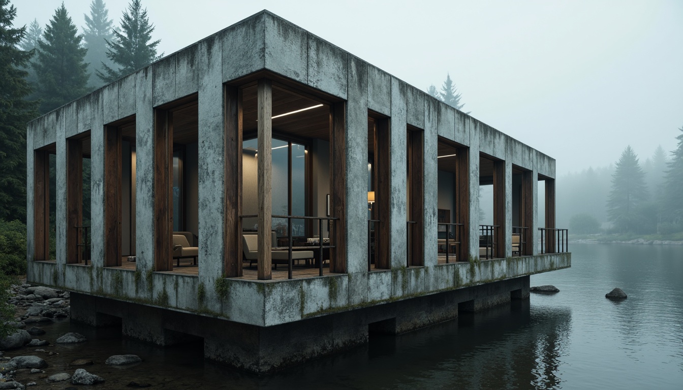 Prompt: Rugged boathouse, brutalist facade, raw concrete walls, weathered wooden accents, industrial metal frames, oversized windows, minimalist decor, nautical ropes, distressed wood textures, rusty metal details, dramatic shadows, low-key lighting, cinematic composition, atmospheric mist, mysterious lake surroundings, dense forest backdrop, overcast sky, subtle color palette, rough-hewn stone foundations.