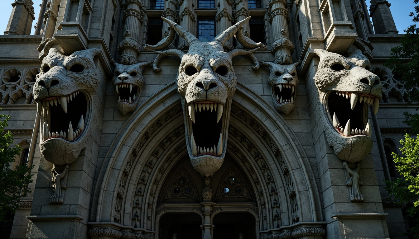 Prompt: Intricate stone carvings, grotesque faces, sharp teeth, menacing eyes, weathered granite, moss-covered surfaces, ancient cathedrals, Gothic architecture, ornate facades, pointed arches, ribbed vaults, flying buttresses, mystical creatures, mythical beings, dark mysterious atmosphere, eerie moonlight, dramatic shadows, high-contrast lighting, detailed textures, realistic stone patterns.