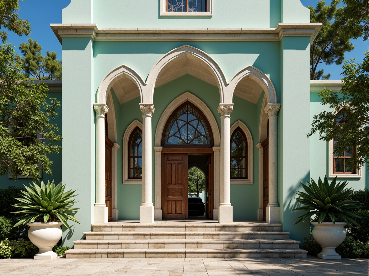 Prompt: Mint-colored church facade, ornate stone carvings, smooth marble columns, rustic wooden doors, stained glass windows, intricate Gothic arches, soft natural lighting, subtle shadows, creamy white accents, delicate filigree patterns, weathered copper roofing, lush greenery surroundings, serene atmosphere, warm sunny day, shallow depth of field, 1/2 composition, realistic textures, ambient occlusion.