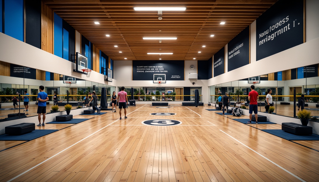 Prompt: Modern gymnasium interior, high ceilings, polished wooden floors, mirrored walls, professional sports equipment, basketball hoops, volleyball nets, exercise machines, free weights, yoga mats, motivational quotes, natural light, soft warm lighting, shallow depth of field, 3/4 composition, panoramic view, realistic textures, ambient occlusion, athletic color scheme, bold typography, dynamic shapes, functional layout, efficient circulation paths, comfortable seating areas, inspirational artwork.