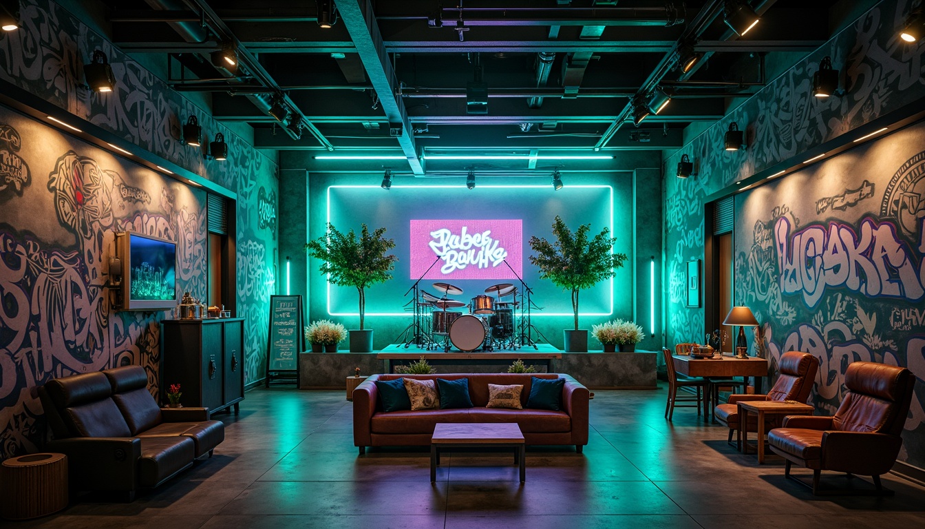 Prompt: Vibrant teal accents, neon lights, dynamic stage design, eclectic music instruments, graffiti walls, industrial metal beams, polished concrete floors, trendy lounge seating, retro-futuristic decor, edgy urban atmosphere, moody dim lighting, shallow depth of field, 1/1 composition, cinematic view, realistic textures, ambient occlusion.