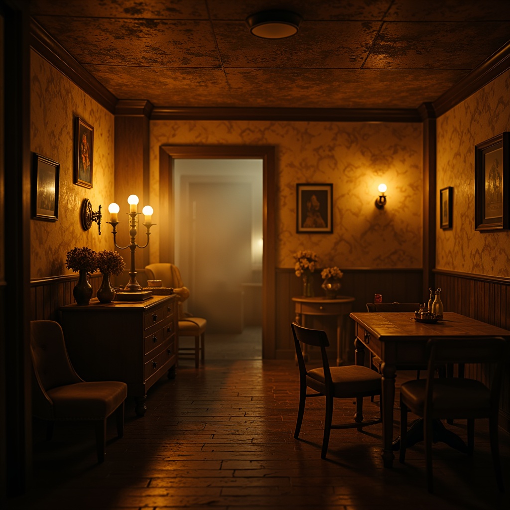 Prompt: Moody atmospheric scene, warm golden lighting, rich wood tones, earthy brown colors, soft beige textures, misty foggy background, mysterious dark shadows, vintage distressed walls, antique furniture pieces, ornate metal fixtures, dimly lit candles, cozy intimate setting, 1/2 composition, shallow depth of field, cinematic color grading.