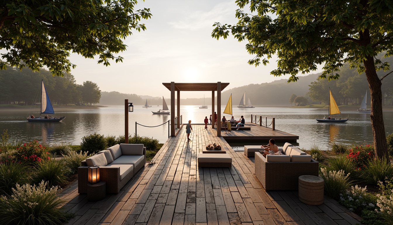 Prompt: Serene waterfront, rustic wooden dock, lush greenery, vibrant flowers, tranquil lake views, sailboats, kayaks, paddleboards, nautical ropes, weathered wood accents, natural stone pathways, lantern-style lighting, warm sunset glow, shallow depth of field, 3/4 composition, panoramic view, realistic textures, ambient occlusion, cozy outdoor seating areas, woven wicker furniture, plush cushions, soft warm lighting, misty morning atmosphere.