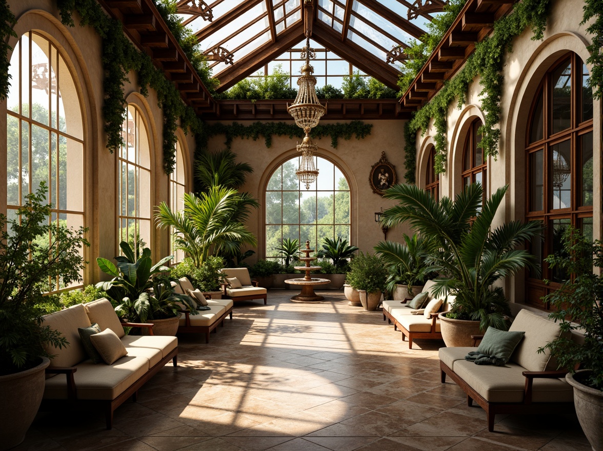 Prompt: Ornate greenhouse, lush tropical plants, delicate vines, intricate stone carvings, grandiose archways, ornamental fountains, soft natural lighting, warm golden tones, rustic wooden beams, elegant chandeliers, lavish furnishings, velvet drapes, rich textiles, Baroque-inspired patterns, curved lines, dramatic shadows, high contrast ratio, 1/2 composition, shallow depth of field, realistic reflections.