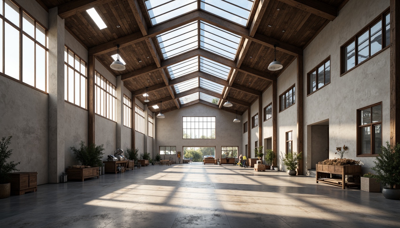 Prompt: Industrial factory setting, minimalist aesthetic, exposed ductwork, polished concrete floors, steel beams, large windows, clerestory windows, skylights, transparent roofs, natural light pouring in, soft warm glow, subtle shadows, industrial chic decor, reclaimed wood accents, metal machinery, functional simplicity, open floor plan, airy atmosphere, diffused lighting, 1/1 composition, realistic textures, ambient occlusion.