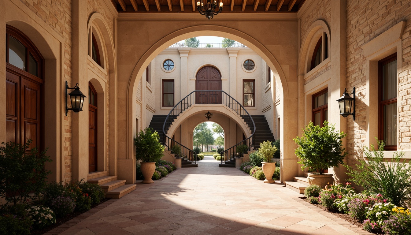 Prompt: Renaissance-inspired high school, warm beige stone fa\u00e7ade, ornate wooden doors, grand entrance hallways, sweeping arches, vaulted ceilings, rich terracotta flooring, earthy tone brick walls, classic columns, elegant staircases, vintage lanterns, lush green courtyards, vibrant flower arrangements, soft natural lighting, 1/2 composition, warm color harmony, realistic textures, ambient occlusion.