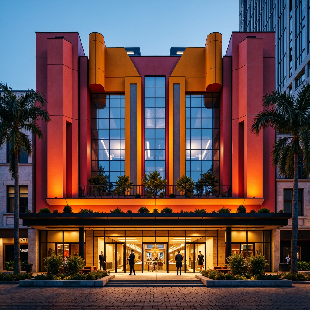 Prompt: Vibrant theater facade, constructivist architecture, geometric shapes, bold colors, abstract patterns, metallic materials, industrial textures, dramatic lighting, spotlights, grand entrance, ornate details, sculptural elements, avant-garde design, futuristic vibe, urban cityscape, evening atmosphere, warm golden lighting, shallow depth of field, 1/1 composition, symmetrical framing, high-contrast colors, intricate stonework, ornamental railings.