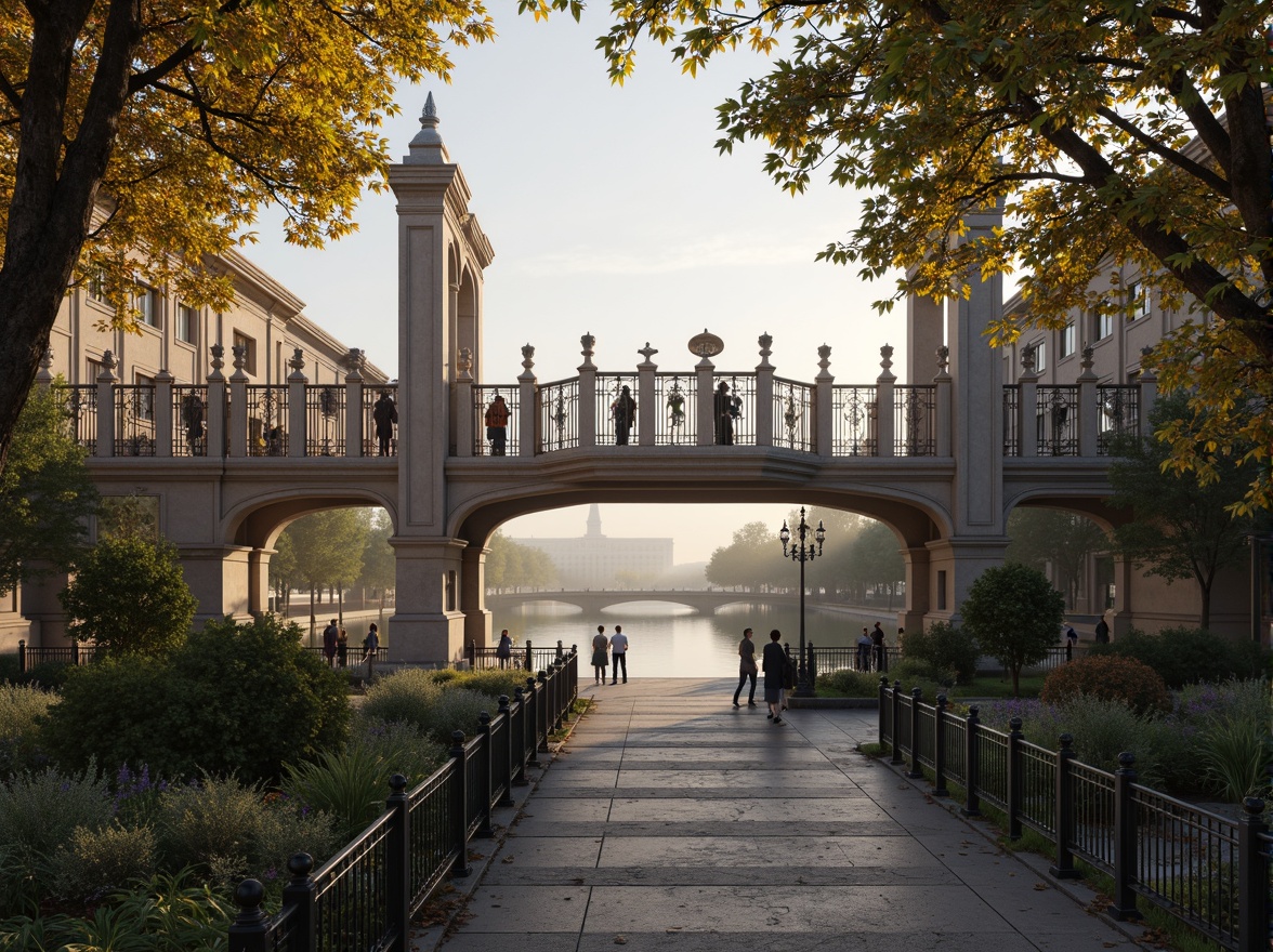 Prompt: Elegant pedestrian bridge, ornate iron railings, classicism-inspired arches, refined stone pillars, intricate carvings, ornamental lanterns, soft warm lighting, misty morning atmosphere, serene river views, lush greenery surroundings, natural stone walkways, decorative metalwork, subtle golden accents, symmetrical composition, shallow depth of field, 3/4 perspective, realistic textures, ambient occlusion.