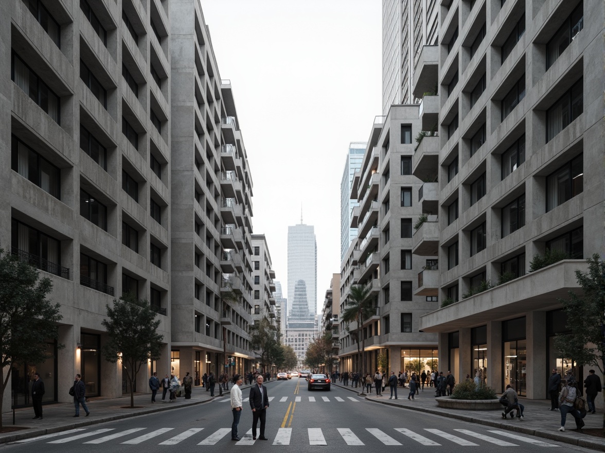 Prompt: Geometric buildings, brutalist architecture, raw concrete textures, industrial materials, minimalist decor, open floor plans, functional spaces, modular furniture, urban cityscape, busy streets, modern skyscrapers, abstract sculptures, monochromatic color scheme, high contrast lighting, dramatic shadows, 1/1 composition, symmetrical framing, stark atmospheric mood, realistic renderings.