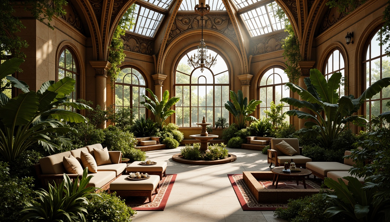 Prompt: Ornate greenhouse, lush tropical plants, delicate vines, intricate stone carvings, grandiose archways, ornamental fountains, soft natural lighting, warm golden tones, rustic wooden beams, elegant chandeliers, lavish furnishings, velvet drapes, rich textiles, Baroque-inspired patterns, curved lines, dramatic shadows, high contrast ratio, 1/2 composition, shallow depth of field, realistic reflections.