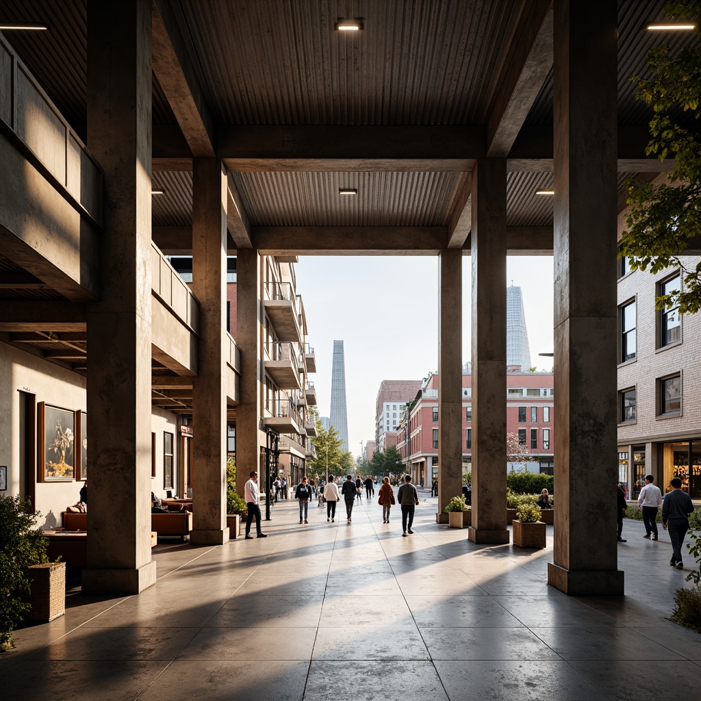 Prompt: Modern building facade, exposed steel beams, industrial chic aesthetic, polished concrete floors, minimalist interior design, open-plan layout, floor-to-ceiling windows, natural light pouring in, urban cityscape views, bustling streets, vibrant street art, eclectic neighborhood vibe, warm golden lighting, shallow depth of field, 1/1 composition, realistic textures, ambient occlusion.