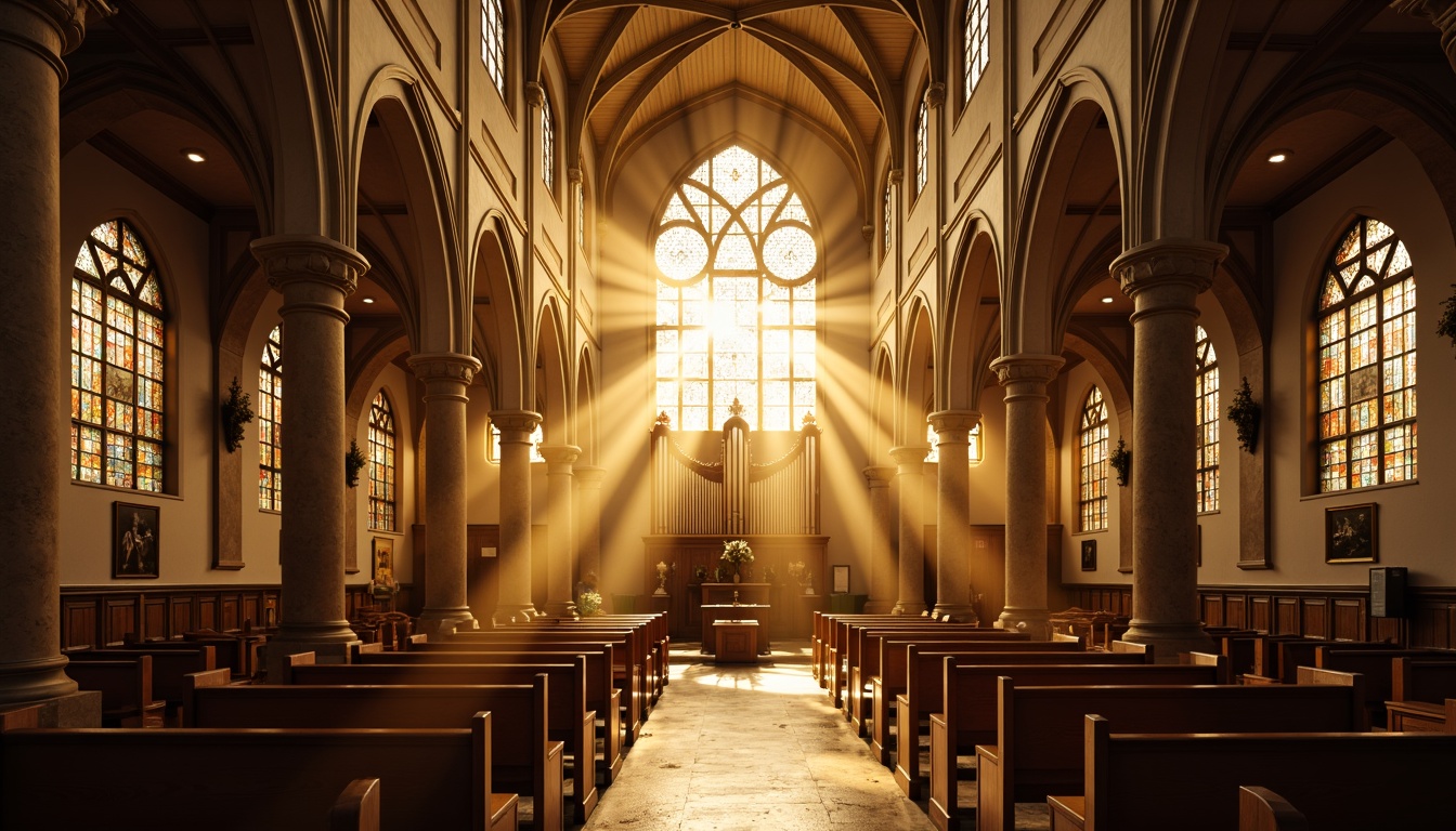 Prompt: Ethereal cathedral interior, stained glass windows, warm golden lighting, soft diffused illumination, dramatic beam of light, vaulted ceilings, ornate chandeliers, intricate stone carvings, majestic pipe organs, serene ambiance, peaceful atmosphere, subtle color temperature, gentle shadows, 1/1 composition, high contrast ratio, realistic reflections, ambient occlusion.