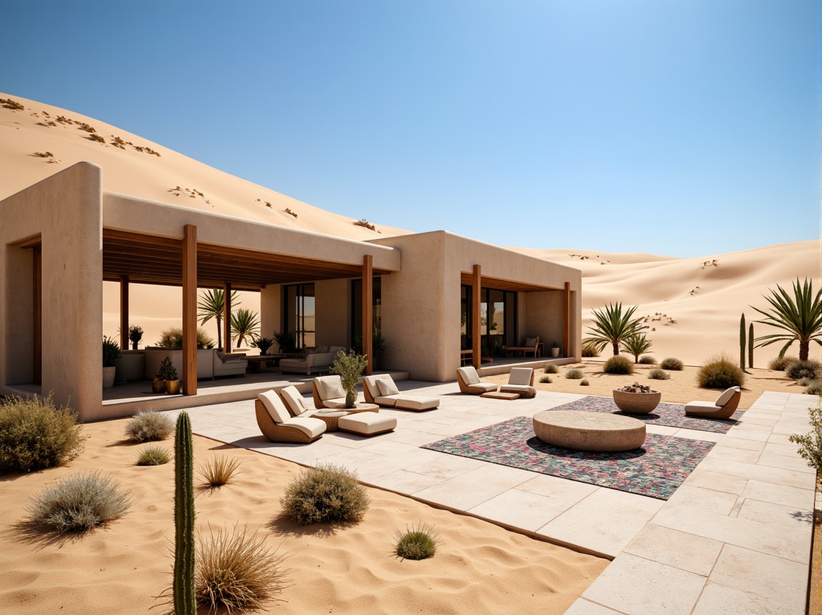 Prompt: Desert landscape, sandy dunes, cactus plants, hot sunny day, clear blue sky, vast open space, modern desert house design, minimalist architecture, large windows, sliding glass doors, natural stone floors, wooden accents, earthy color palette, organic shapes, curved lines, private courtyards, shaded outdoor spaces, misting systems, Arabic-inspired patterns, vibrant colorful textiles, intricate geometric motifs, warm soft lighting, shallow depth of field, 3/4 composition, panoramic view, realistic textures, ambient occlusion.