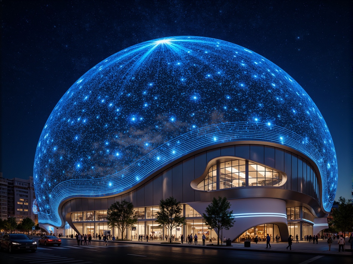 Prompt: Glowing planetarium dome, futuristic facade design, sleek metallic surfaces, neon-lit celestial patterns, starry night sky, modernist architecture, curved lines, geometric shapes, minimalist aesthetic, LED light installations, ambient lighting effects, shallow depth of field, 1/1 composition, panoramic view, realistic textures, ambient occlusion, urban cityscape, bustling streets, vibrant nightlife, cosmopolitan atmosphere.