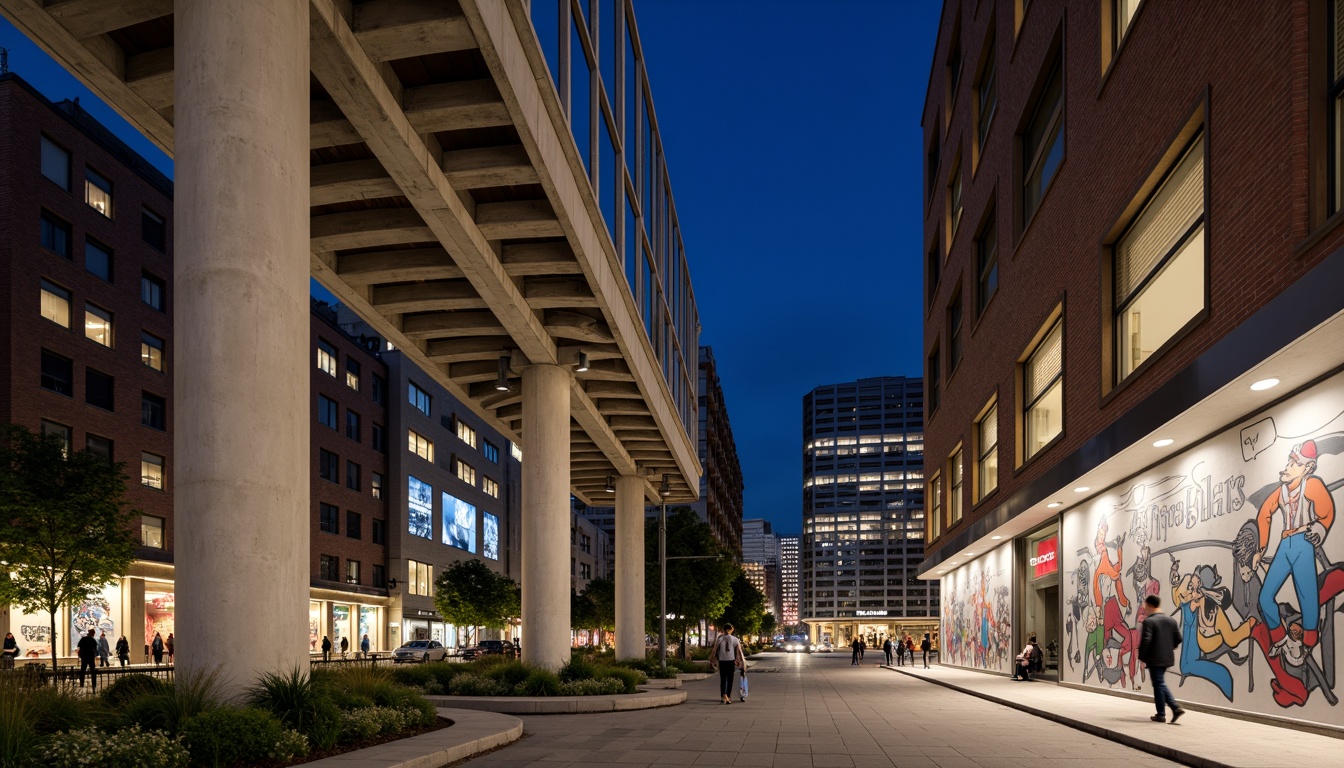 Prompt: Exposed concrete columns, sleek steel beams, minimalist cantilevered roofs, industrial chic aesthetic, polished metal accents, geometric patterned facades, modern urban landscape, bustling city streets, vibrant street art, eclectic mix of old and new buildings, dramatic nighttime lighting, shallow depth of field, 1/1 composition, realistic textures, ambient occlusion.