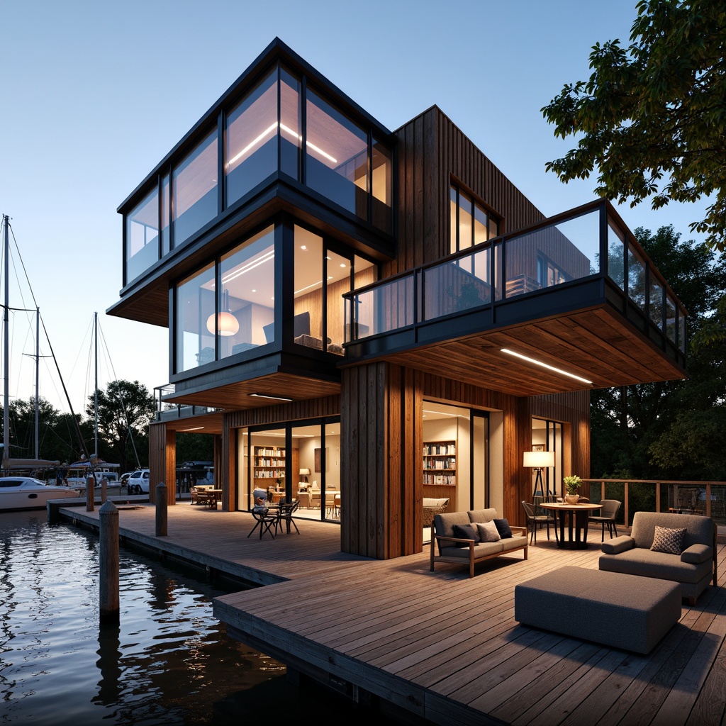 Prompt: Waterfront boathouse, rustic wooden dock, nautical ropes, sailboat masts, weathered wood accents, corrugated metal roofing, glass-enclosed observation deck, cantilevered upper floor, angular steel beams, industrial-style lighting fixtures, reclaimed wood interior, cozy reading nooks, plush furnishings, warm ambient lighting, shallow depth of field, 1/1 composition, realistic textures, soft focus effect.