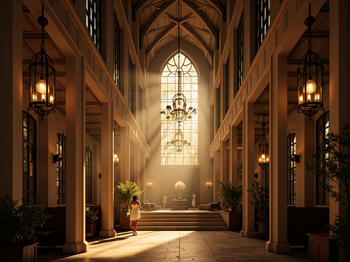 Prompt: Ethereal cathedral interior, stained glass windows, warm golden lighting, soft diffused illumination, dramatic shadows, ornate chandeliers, suspended lanterns, subtle color temperature shifts, atmospheric fog effects, mystical ambiance, vaulted ceilings, intricate stone carvings, grandiose architecture, serene atmosphere, natural light pouring through clerestory windows, subtle glow of candles, warm beige stone walls, richly textured fabrics, 1/2 composition, high contrast ratio, cinematic lighting.