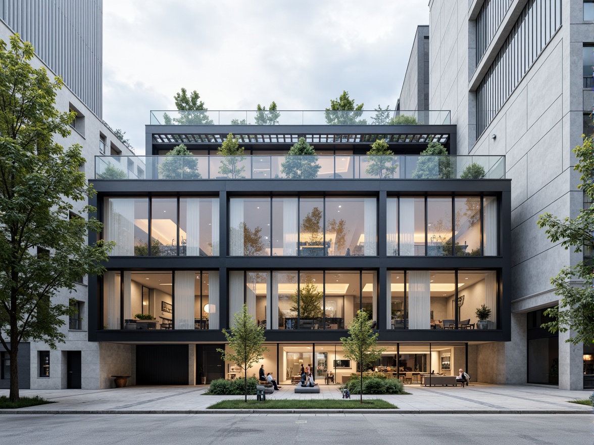 Prompt: Modern building facade, clean lines, minimalist aesthetic, large glass windows, steel frames, cantilevered roofs, open floor plans, industrial materials, exposed ductwork, polished concrete floors, sleek metal railings, geometric shapes, urban cityscape, cloudy sky, soft natural lighting, shallow depth of field, 3/4 composition, realistic textures, ambient occlusion.