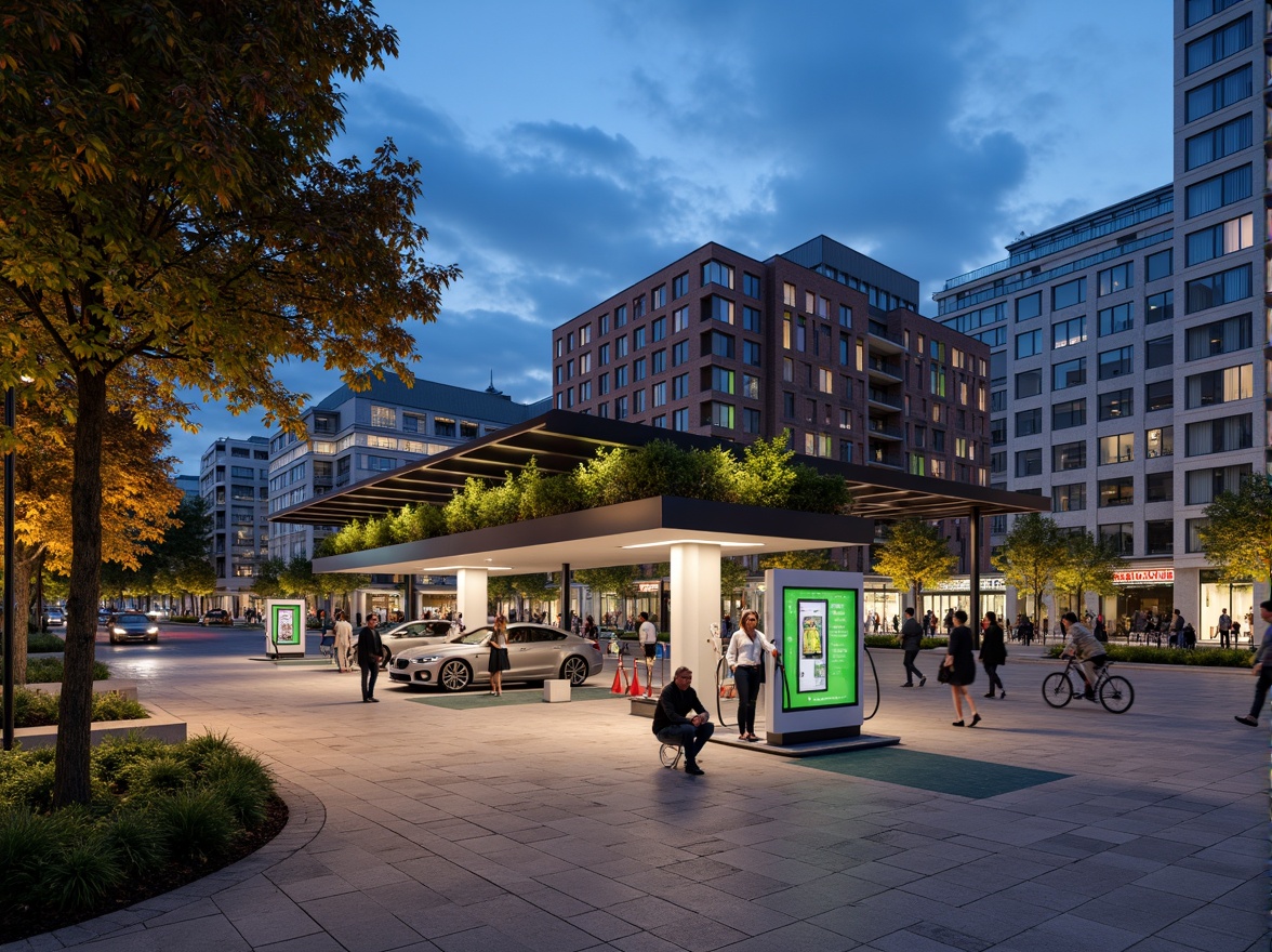 Prompt: Electric vehicle charging station, modern minimalist design, sleek metal canopies, solar panels, green roofs, eco-friendly materials, innovative cooling systems, shaded outdoor spaces, misting systems, vibrant colorful accents, intricate geometric patterns, urban cityscape, busy streets, pedestrian walkways, bike lanes, streetlights, nighttime ambiance, soft warm lighting, shallow depth of field, 3/4 composition, panoramic view, realistic textures, ambient occlusion.