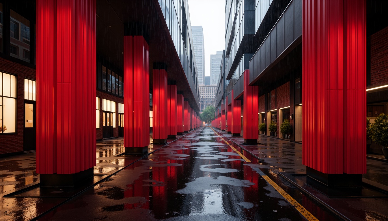 Prompt: Vibrant red curtains, bold black outlines, geometric shapes, abstract forms, avant-garde architecture, industrial materials, exposed brick walls, metallic accents, dynamic lighting, dramatic shadows, futuristic ambiance, urban cityscape, rainy night, misty atmosphere, cinematic mood, high-contrast colors, stark whites, deep blacks, rich textures, intricate patterns, constructivist art pieces, experimental sculptures, abstract installations.