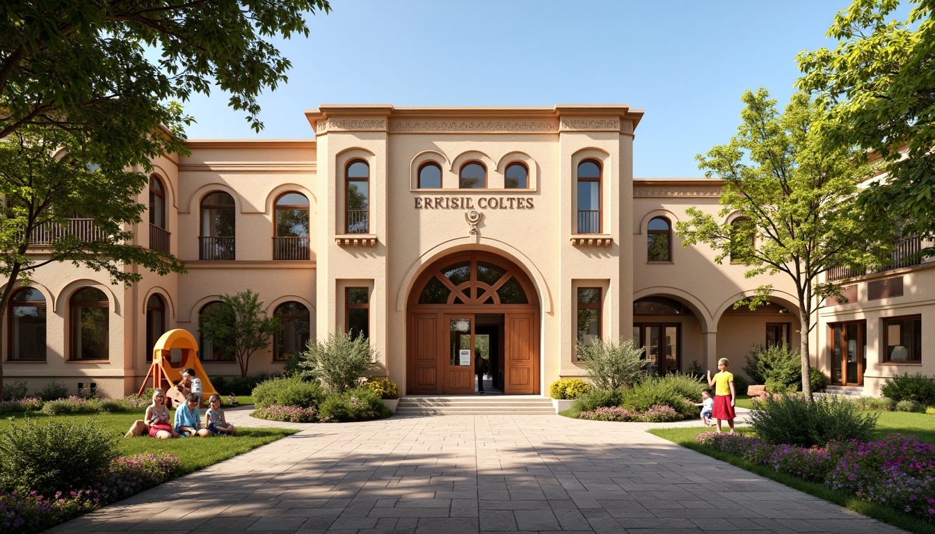 Prompt: Rustic elementary school building, Romanesque arches, warm beige stone walls, ornate carvings, grand entrance, heavy wooden doors, vibrant greenery, blooming flowers, playful playground equipment, colorful murals, educational signage, natural stone walkways, curved staircases, high ceilings, large windows, soft warm lighting, shallow depth of field, 3/4 composition, panoramic view, realistic textures, ambient occlusion.