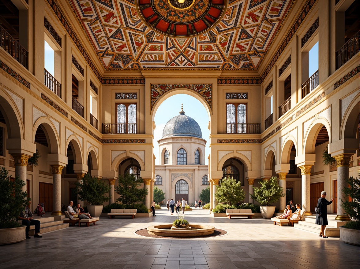 Prompt: Vibrant Islamic-inspired architecture, intricate geometric motifs, ornate tile work, symmetrical archways, grand domes, minarets, colorful mosaics, luxurious textiles, opulent furnishings, lavish decorations, majestic columns, ornamental fountains, serene courtyards, natural stone flooring, warm golden lighting, shallow depth of field, 3/4 composition, panoramic view, realistic textures, ambient occlusion.