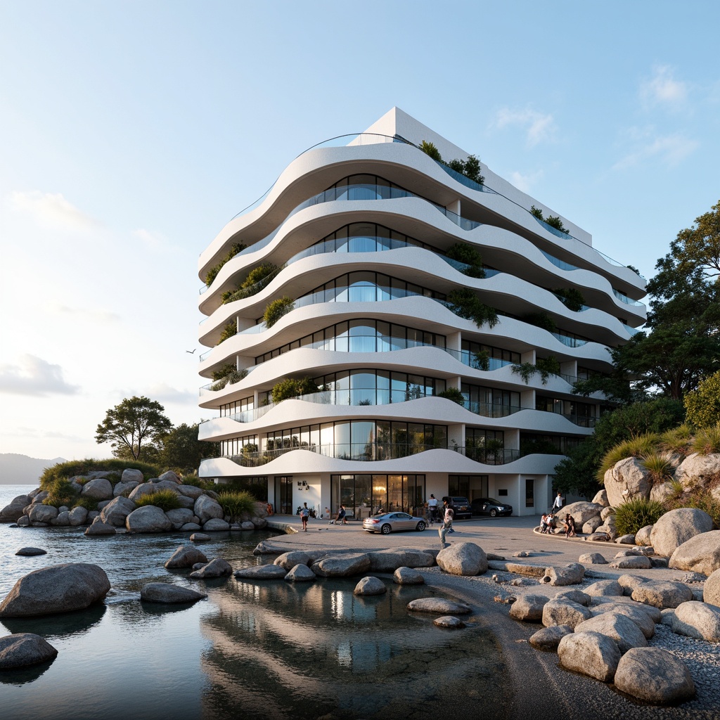 Prompt: Organic coastal office building, wavy lines, undulating curves, shell-inspired fa\u00e7ade, ocean-blue glass, driftwood accents, sea-salt weathered stone, beachy textures, natural ventilation systems, cantilevered floors, panoramic ocean views, soft diffused lighting, 1/1 composition, atmospheric perspective, misty morning atmosphere, seagull sounds, subtle color palette, eco-friendly materials, sustainable energy harvesting systems, green roofs, living walls, adaptive reuse of existing structures.