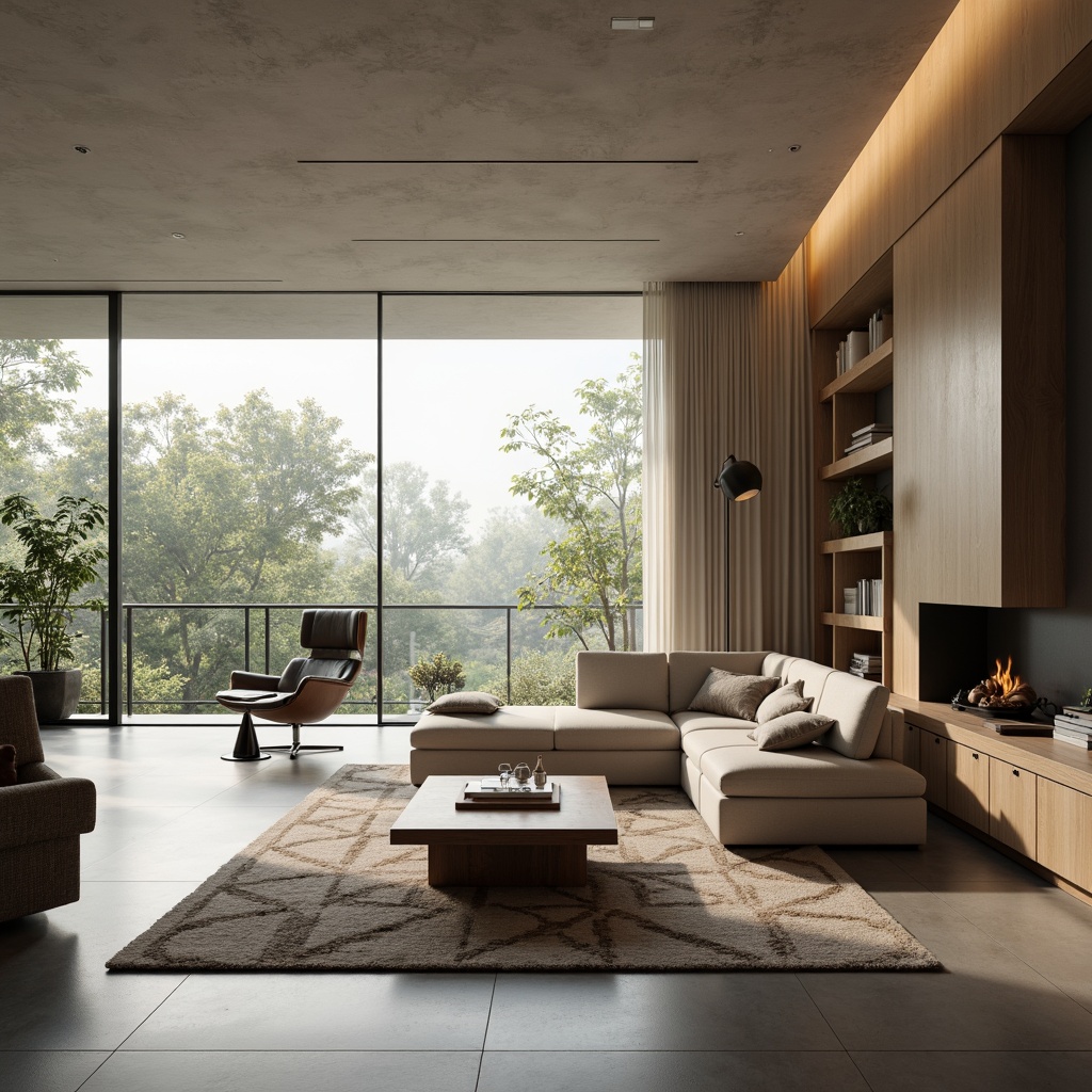 Prompt: Modern minimalist living room, sleek low-profile furniture, neutral color palette, polished concrete floors, floor-to-ceiling windows, natural light pouring in, functional storage units, multi-functional coffee table, comfortable sectional sofa, geometric patterned rug, ambient warm lighting, 1/1 composition, shallow depth of field, realistic textures.