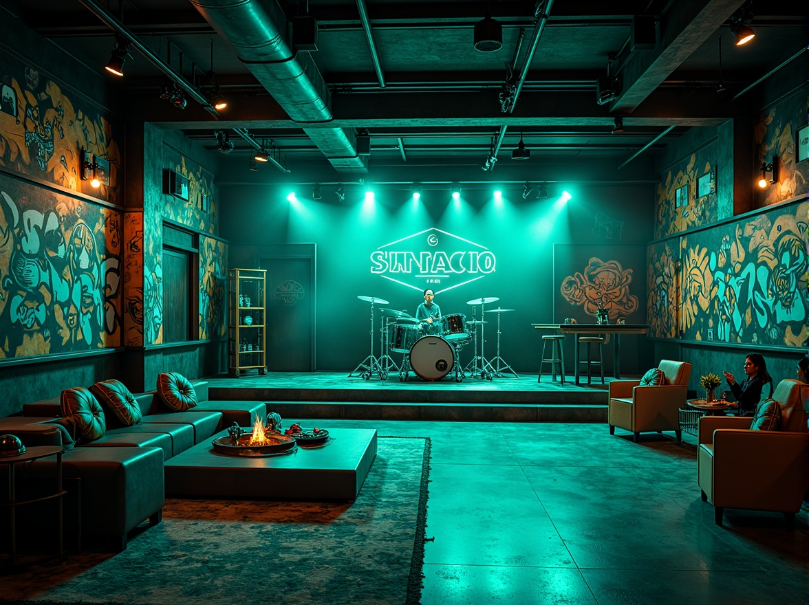 Prompt: Vibrant teal accents, neon lights, dynamic stage design, eclectic music instruments, graffiti walls, industrial metal beams, polished concrete floors, trendy lounge seating, retro-futuristic decor, edgy urban atmosphere, moody dim lighting, shallow depth of field, 1/1 composition, cinematic view, realistic textures, ambient occlusion.