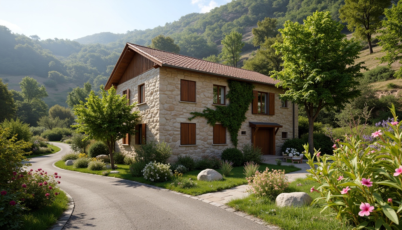 Prompt: Rustic rural cottage, natural stone walls, wooden shutters, earthy color palette, pitched roof, overhanging eaves, lush greenery, blooming wildflowers, winding country roads, serene countryside, warm sunny day, soft diffused lighting, shallow depth of field, 1/2 composition, intimate framing, realistic textures, ambient occlusion.