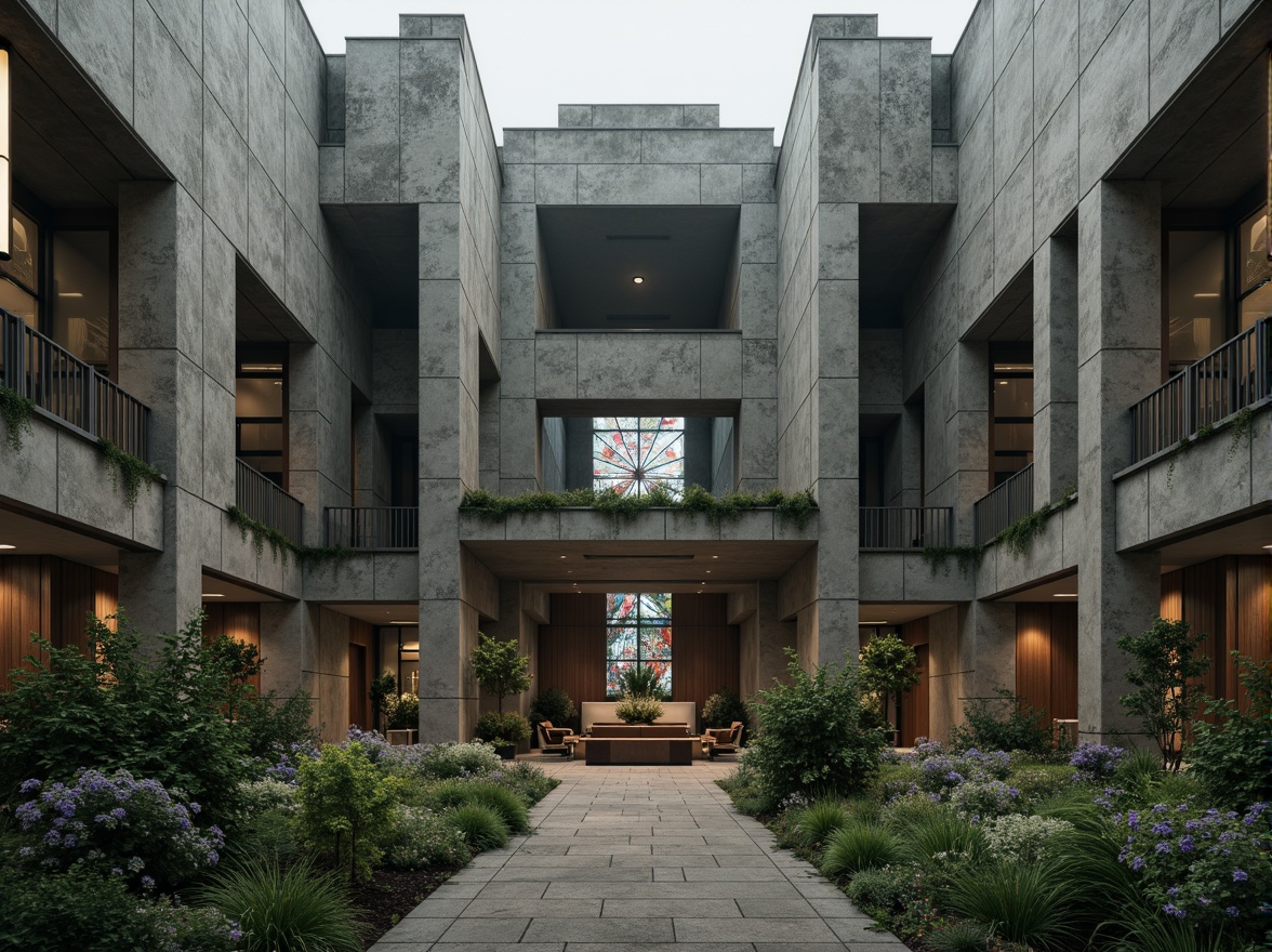 Prompt: Rugged brutalist church, raw concrete walls, angular lines, fortress-like structure, natural stone fa\u00e7ade, overgrown vegetation, wildflowers, moss-covered roofs, weathered wooden doors, stained glass windows, dramatic lighting, high ceilings, minimalist interior, sacred atmosphere, serene ambiance, misty morning, soft diffused light, 1/1 composition, symmetrical framing, realistic textures, ambient occlusion.