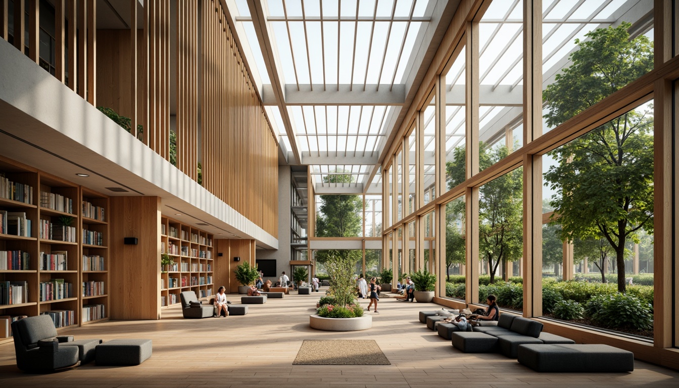 Prompt: Spacious library interior, abundant natural light, floor-to-ceiling windows, minimalist shelving, wooden floors, comfortable reading nooks, cozy study areas, soft warm lighting, indirect sunlight, clerestory windows, skylights, open atriums, green roofs, lush vegetation, serene atmosphere, modern architecture, sustainable design, eco-friendly materials, energy-efficient systems, calm color palette, subtle textures, shallow depth of field, 1/1 composition, realistic rendering.