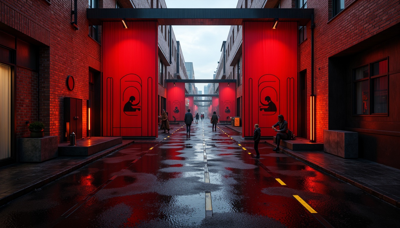 Prompt: Vibrant red curtains, bold black outlines, geometric shapes, abstract forms, avant-garde architecture, industrial materials, exposed brick walls, metallic accents, dynamic lighting, dramatic shadows, futuristic ambiance, urban cityscape, rainy night, misty atmosphere, cinematic mood, high-contrast colors, stark textures, brutalist elements, constructivist patterns, abstract sculptures, experimental art pieces, radical design, revolutionary spirit.