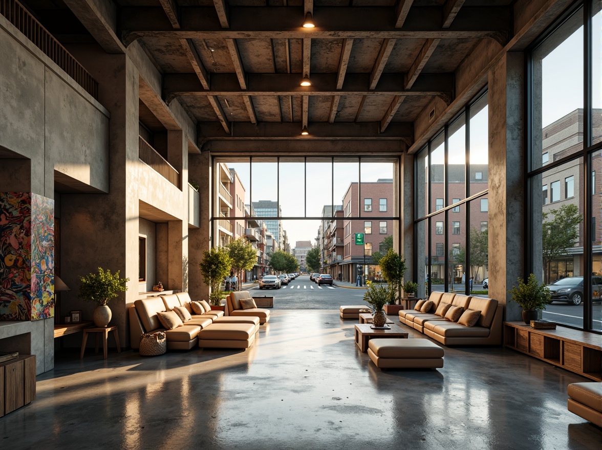 Prompt: Modern building facade, exposed steel beams, industrial chic aesthetic, polished concrete floors, minimalist interior design, open-plan layout, floor-to-ceiling windows, natural light pouring in, urban cityscape views, bustling streets, vibrant street art, eclectic neighborhood vibe, warm golden lighting, shallow depth of field, 1/1 composition, realistic textures, ambient occlusion.