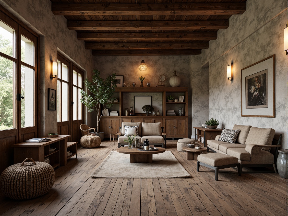 Prompt: Weathered wooden planks, rusty metal accents, distressed concrete walls, reclaimed wood furniture, earthy color palette, natural textiles, woven baskets, vintage decorative items, cozy ambient lighting, soft warm glow, shallow depth of field, 3/4 composition, realistic textures, ambient occlusion.