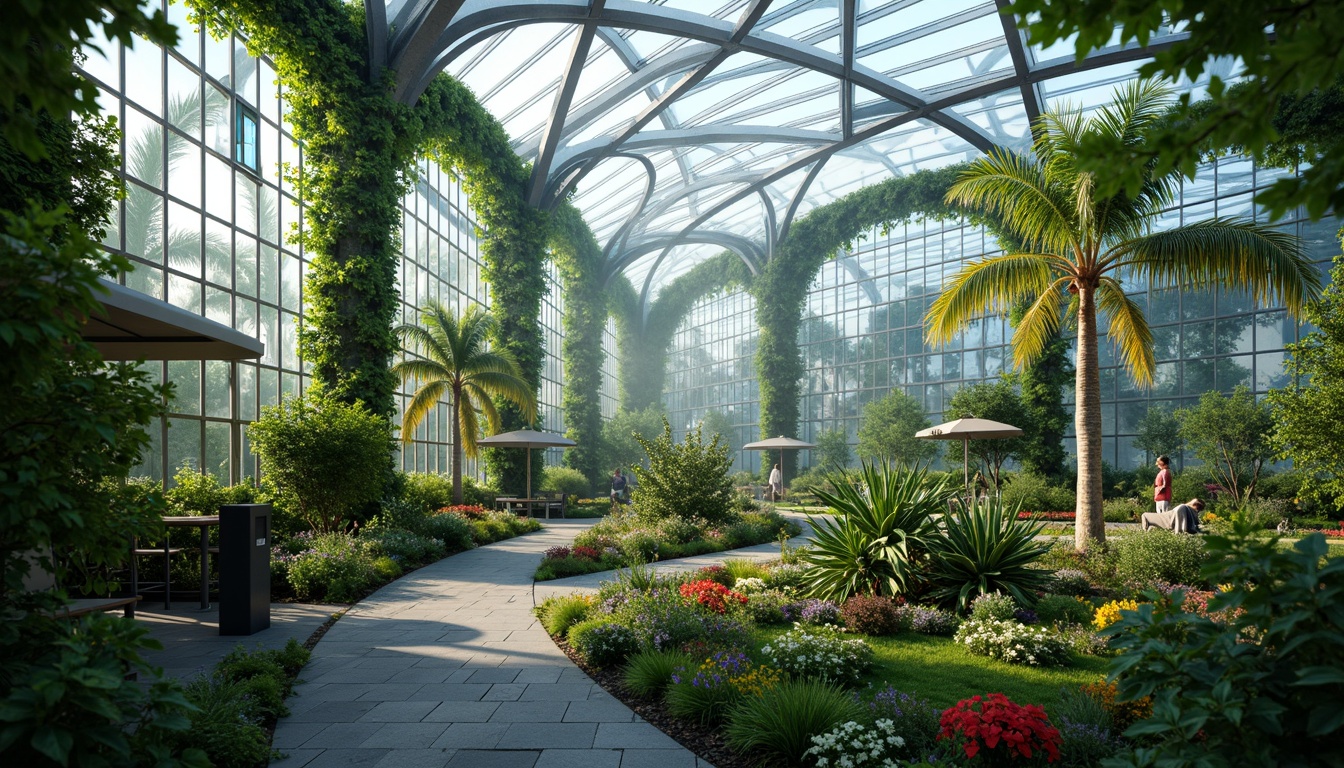 Prompt: Futuristic greenhouse, lush tropical plants, misty atmosphere, iridescent glass walls, curved metal framework, sustainable energy harvesting, solar panels, wind turbines, water recycling systems, green roofs, eco-friendly materials, innovative climate control, shaded outdoor spaces, misting systems, vibrant colorful accents, intricate geometric patterns, panoramic view, shallow depth of field, 3/4 composition, realistic textures, ambient occlusion.