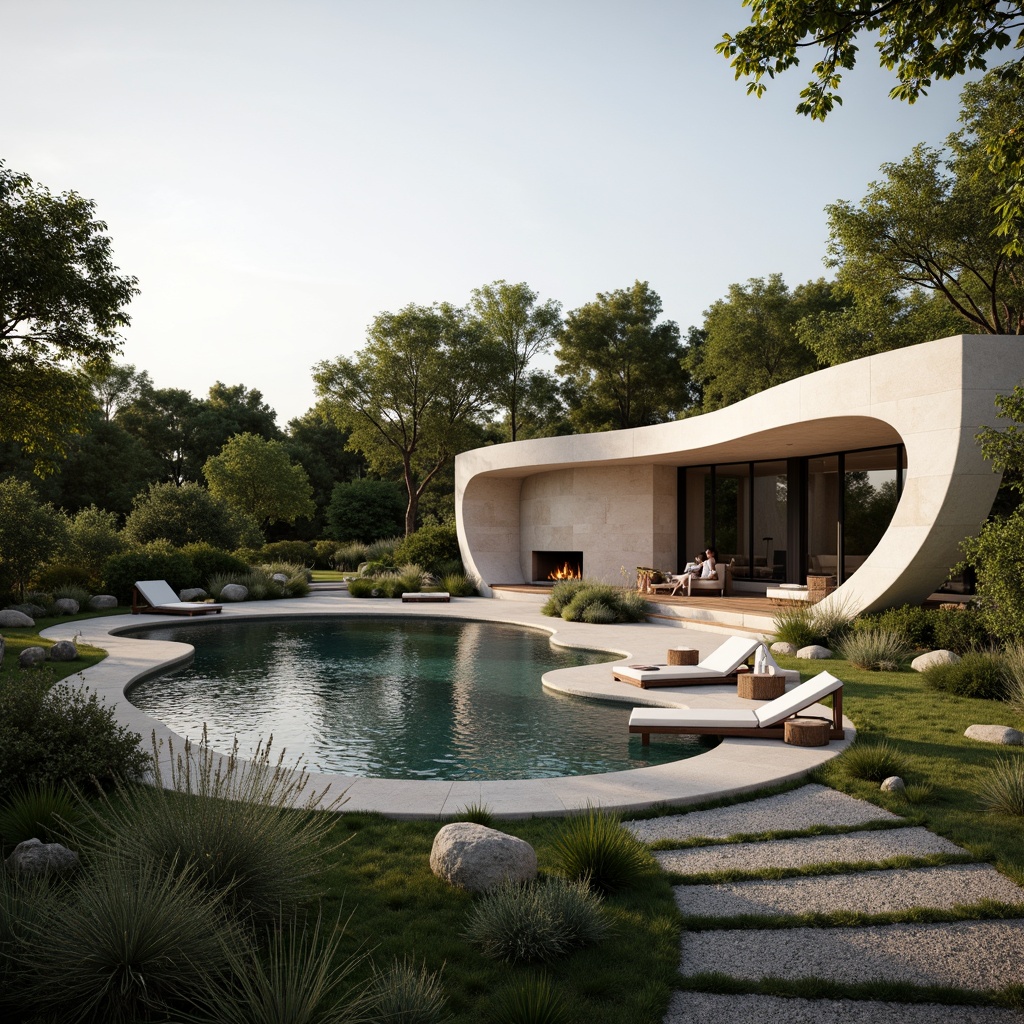 Prompt: Lush greenery, curved lines, minimalist villa, modernist architecture, sleek stone walls, large windows, sliding glass doors, infinity pool, sunken seating area, outdoor fireplace, ambient lighting, warm beige tones, natural textures, Mediterranean plants, olive trees, succulents, gravel pathways, wooden decks, cantilevered roofs, panoramic views, shallow depth of field, 3/4 composition, realistic rendering.