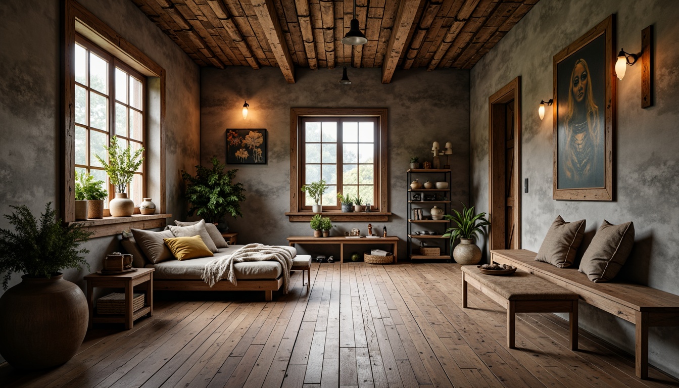 Prompt: Weathered wooden planks, rusty metal accents, distressed concrete walls, reclaimed wood furniture, earthy color palette, natural textiles, woven baskets, vintage decorative items, cozy ambient lighting, soft warm glow, shallow depth of field, 3/4 composition, realistic textures, ambient occlusion.