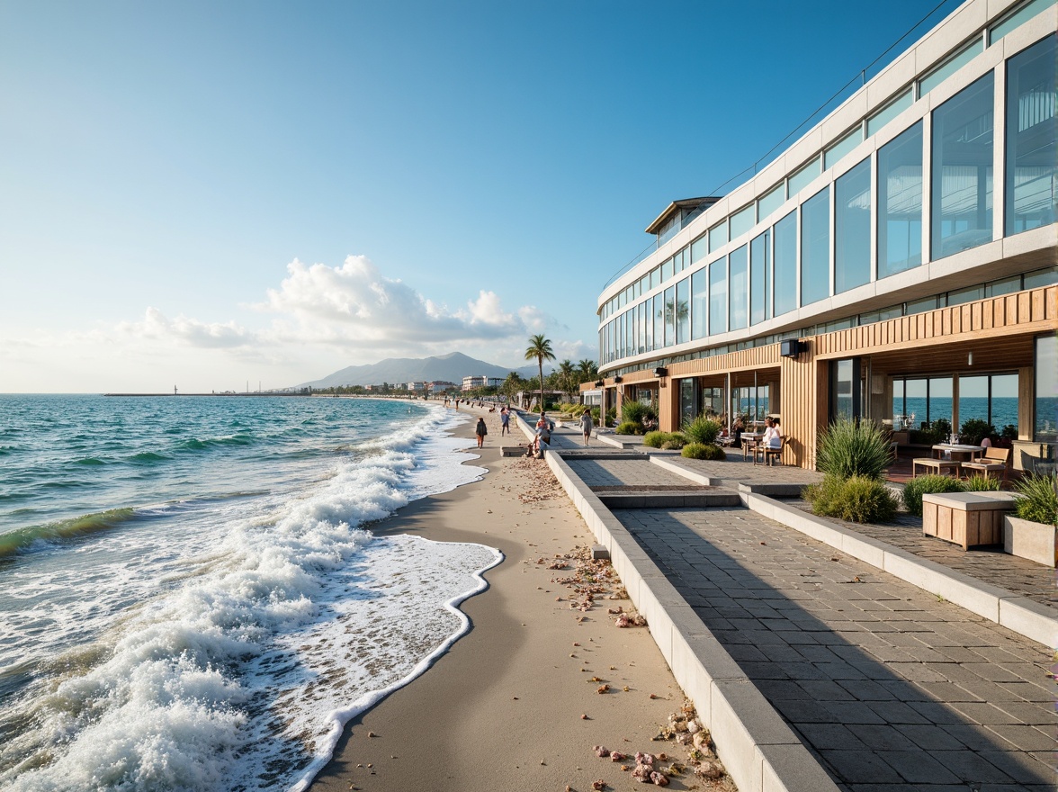 Prompt: Wave-crashing coastline, ocean breeze, sandy beach, seaside promenade, modern tram station, curved glass fa\u00e7ade, nautical-themed architecture, weathered wood accents, rust-resistant metal frames, large windows, sliding glass doors, ocean-inspired color palette, blue-green hues, natural stone flooring, wave-patterned tiles, energy-efficient systems, solar panels, wind turbines, eco-friendly materials, shaded outdoor spaces, misting systems, panoramic views, shallow depth of field, 3/4 composition, realistic textures, ambient occlusion.