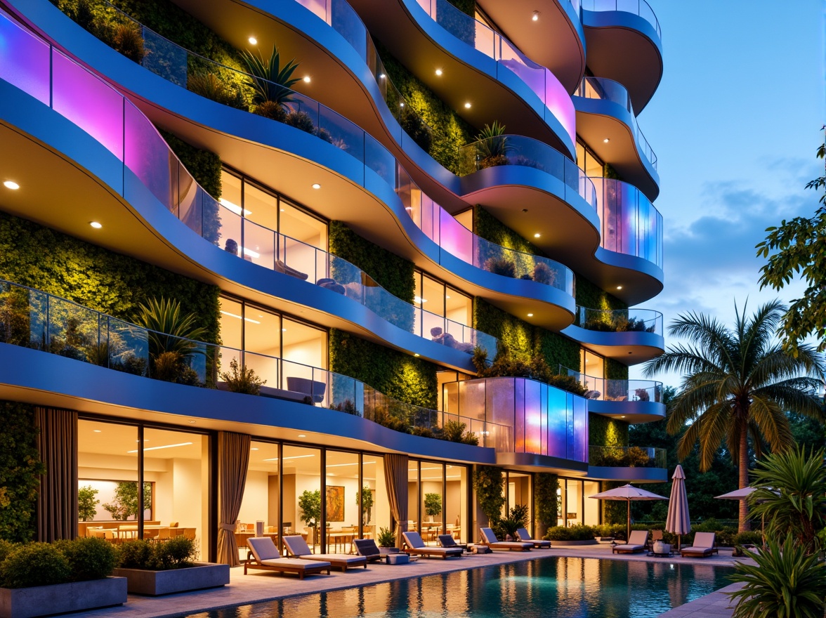 Prompt: Vibrant hotel facade, undulating curves, iridescent glass panels, LED light installations, cantilevered balconies, lush green walls, tropical plants, warm golden lighting, shallow depth of field, 1/1 composition, panoramic view, realistic textures, ambient occlusion, luxurious amenities, rooftop pool, outdoor lounge areas, modern minimalist decor, sleek metal accents, polished marble floors, sophisticated color schemes, futuristic ambiance, experimental materials, innovative structural systems.