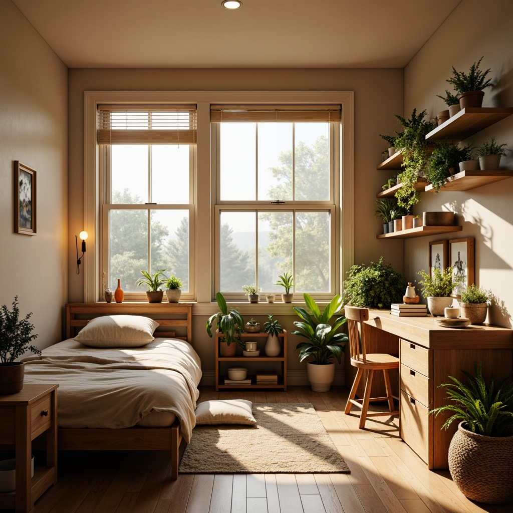 Prompt: Cozy dorm room, large windows, soft natural light, warm beige walls, comfortable bedding, wooden furniture, plants on shelves, gentle morning sunbeams, calming atmosphere, relaxing ambiance, soft shadows, 1/1 composition, shallow depth of field, realistic textures, ambient occlusion.